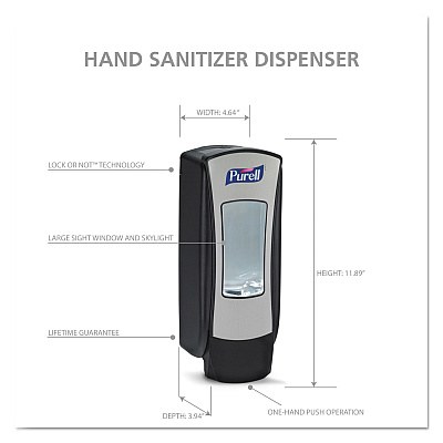 PURELL ADX-12 Dispenser, 1,200 mL, 4.5 x 4 x 11.25, Chrome/Black, 6/Carton (GOJ882806)