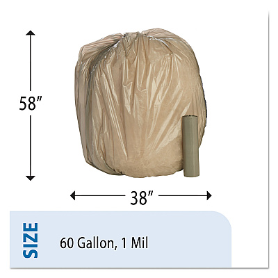 AbilityOne 8105015171364, SKILCRAFT Trash Can Liner - Linear Low-Density, 60 gal, 1 mil, 38" x 58", Gray, Perforated Roll, 100/Box