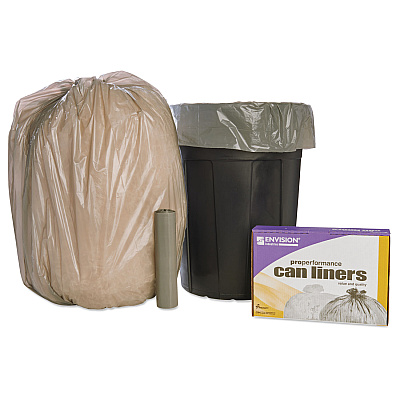 AbilityOne 8105015171364, SKILCRAFT Trash Can Liner - Linear Low-Density, 60 gal, 1 mil, 38" x 58", Gray, Perforated Roll, 100/Box