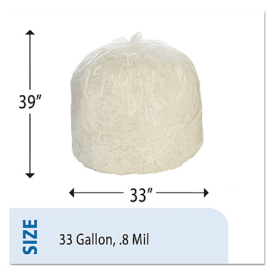 AbilityOne 8105015171353, SKILCRAFT Low-Density Trash Can Liners, 33 gal, 0.8 mil, 33" x 39", Clear, Flat Pack, 250/Box