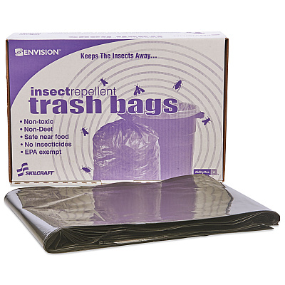 AbilityOne 8105015346819, SKILCRAFT Insect Repellent Trash Bags, 45 gal, 2 mil, 40" x 45", Black, Flat Pack, 65/Box