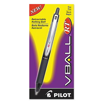 Pilot VBall RT Liquid Ink Roller Ball Pen, Retractable, Fine 0.7 mm, Black Ink, Black/White Barrel (PIL26206)