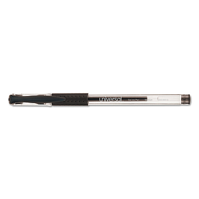 Universal Comfort Grip Gel Pen, Stick, Medium 0.7 mm, Black Ink, Clear/Black Barrel, Dozen (UNV39510)