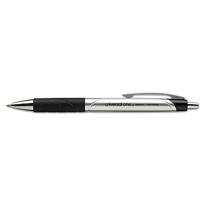 Universal Comfort Grip Ballpoint Pen, Retractable, Medium 1 mm, Black Ink, Silver/Black Barrel, Dozen (UNV15540)