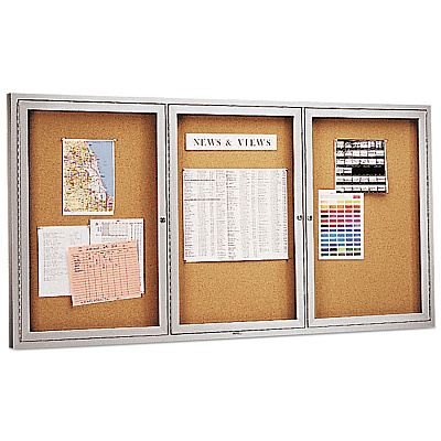 Quartet Enclosed Indoor Cork Bulletin Board with Three Hinged Doors, 72 x 36, Tan Surface, Silver Aluminum Frame (QRT2366)