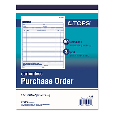 TOPS Purchase Order Book, 22 Lines, Three-Part Carbonless, 8.38 x 10.19, 50 Forms Total (TOP46147)