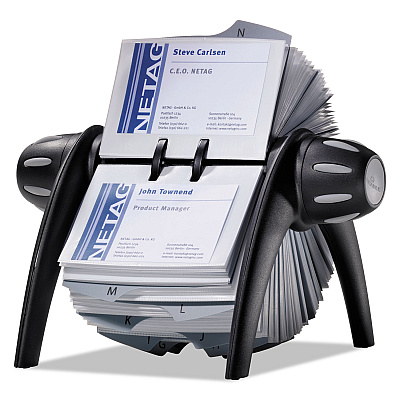 Durable VISIFIX Flip Rotary Business Card File, Holds 400 2.88 x 4.13 Cards, 8.75 x 7.13 x 8.06, Plastic, Black/Silver (DBL241701)