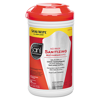 Sani Professional No-Rinse Sanitizing Multi-Surface Wipes, Unscented, White, 95/Container, 6/Carton (NICP56784)