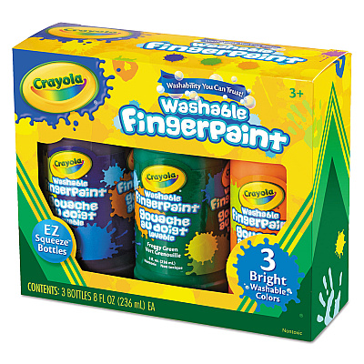 Crayola Washable Fingerpaint Pack, 3 Assorted Bright Colors, 8 oz Tube, 3/Box (CYO551311)