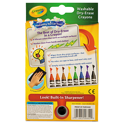 Crayola Washable Dry Erase Crayons w/E-Z Erase Cloth, Assorted Colors, 8/Pack (CYO985200)