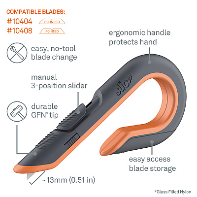 slice Box Cutters, Double Sided, Replaceable, 1.29" Carbon Steel Blade, 7" Nylon Handle, Gray/Orange (SLI10400)