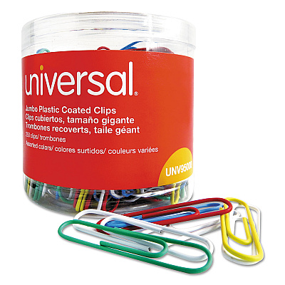 Universal Plastic-Coated Paper Clips with One-Compartment Dispenser Tub, Jumbo, Assorted Colors, 250/Pack (UNV95000)