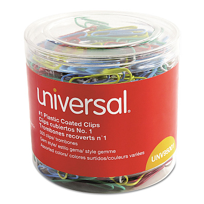 Universal Plastic-Coated Paper Clips with One-Compartment Dispenser Tub, #1, Assorted Colors, 500/Pack (UNV95001)