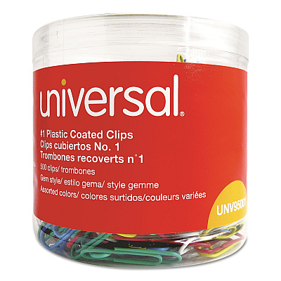 Universal Plastic-Coated Paper Clips with One-Compartment Dispenser Tub, #1, Assorted Colors, 500/Pack (UNV95001)