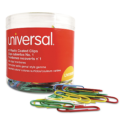Universal Plastic-Coated Paper Clips with One-Compartment Dispenser Tub, #1, Assorted Colors, 500/Pack (UNV95001)