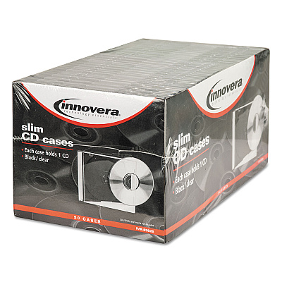 Innovera CD/DVD Slim Jewel Cases, Clear/Black, 50/Pack (IVR85826)