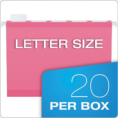 Pendaflex Ready-Tab Colored Reinforced Hanging Folders, Letter Size, 1/5-Cut Tabs, Pink, 20/Box (PFX90240)