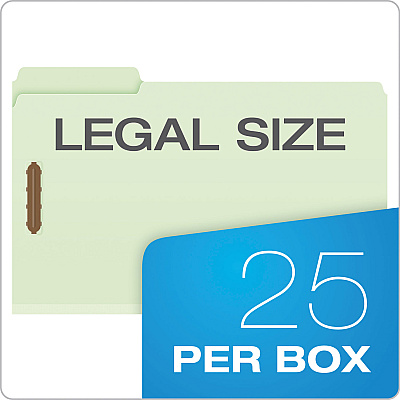 Pendaflex Heavy-Duty Pressboard Folders with Embossed Fasteners, 1/3-Cut Tabs, 3" Expansion, 2 Fasteners, Legal Size, Green, 25/Box (PFX17187)