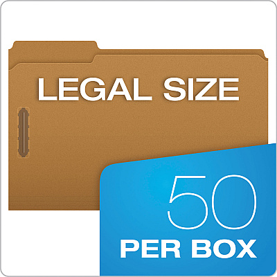 Pendaflex Kraft Fastener Folders, 1/3-Cut Tabs, 2 Fasteners, Legal Size, Kraft Exterior, 50/Box (PFXFK312)