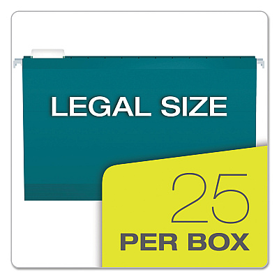 Pendaflex Colored Reinforced Hanging Folders, Legal Size, 1/5-Cut Tabs, Teal, 25/Box (PFX415315TEA)