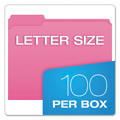 Pendaflex Double-Ply Reinforced Top Tab Colored File Folders, 1/3-Cut Tabs: Assorted, Letter Size, 0.75" Expansion, Pink, 100/Box (PFXR15213PIN)