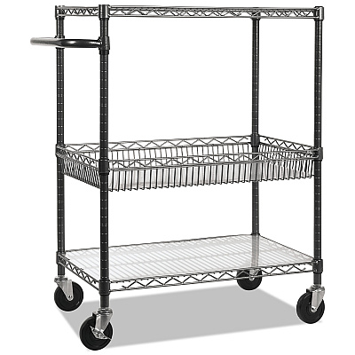 Alera Three-Tier Wire Cart with Basket, Metal, 2 Shelves, 1 Bin, 500 lb Capacity, 34" x 18" x 40", Black Anthracite (ALESW543018BA)
