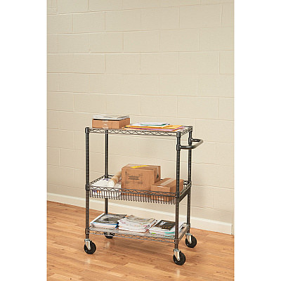 Alera Three-Tier Wire Cart with Basket, Metal, 2 Shelves, 1 Bin, 500 lb Capacity, 34" x 18" x 40", Black Anthracite (ALESW543018BA)
