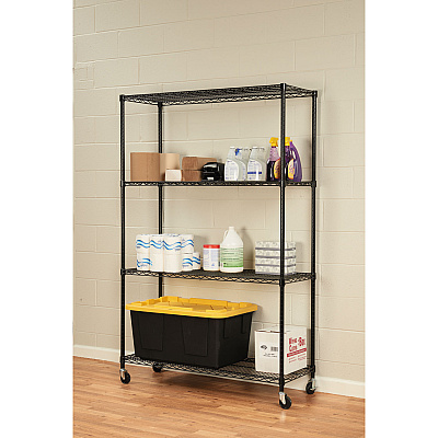 Alera NSF Certified 4-Shelf Wire Shelving Kit with Casters, 48w x 18d x 72h, Black (ALESW604818BL)