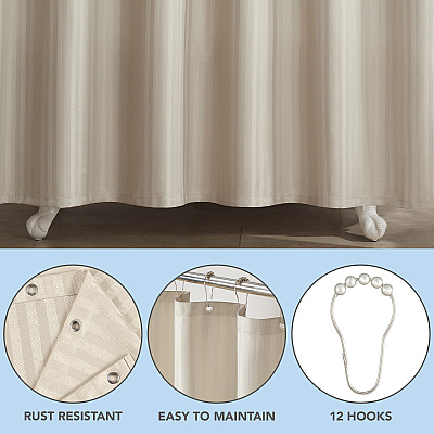 H&h Poly Shower Curtain Set 72x72 Damask Almond Milk, Case Of 12 (SCSETD-7272-BG)