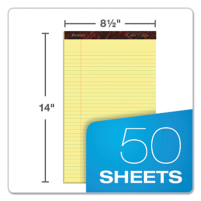 Ampad Gold Fibre Quality Writing Pads, Wide/Legal Rule, 50 Canary-Yellow 8.5 x 14 Sheets, Dozen (TOP20030)