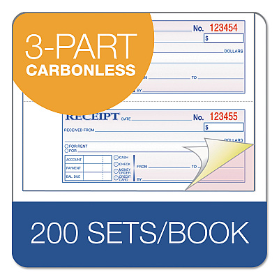 Adams TOPS 3-Part Hardbound Receipt Book, Three-Part Carbonless, 7 x 2.75, 4 Forms/Sheet, 200 Forms Total (ABFTCH1185)