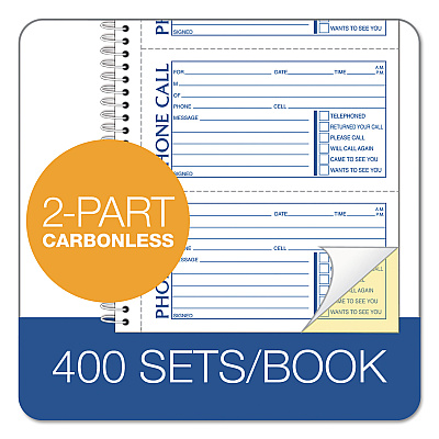 TOPS Second Nature Phone Call Book, Two-Part Carbonless, 5 x 2.75, 4 Forms/Sheet, 400 Forms Total (TOP74620)