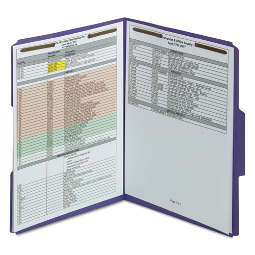 Smead Top Tab Colored Fastener Folders, 0.75" Expansion, 2 Fasteners, Letter Size, Purple Exterior, 50/Box (13040)