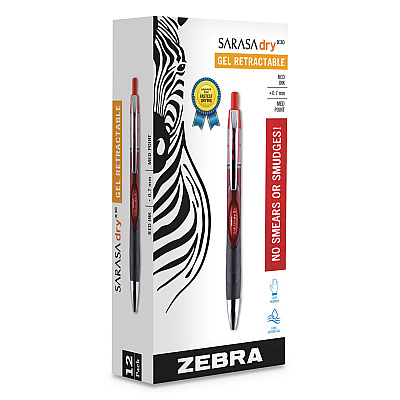 Zebra Sarasa Dry Gel X30 Gel Pen, Retractable, Medium 0.7 mm, Red Ink, Red/Black/Silver Barrel, 12/Pack (ZEB47130)