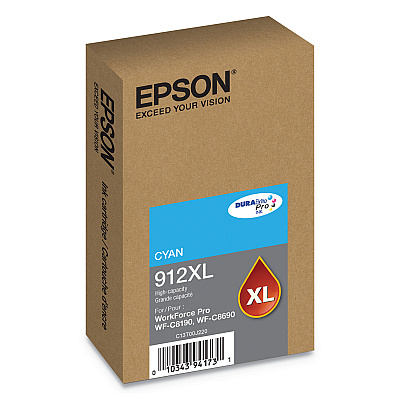 Epson T912XL220 (912XL) DURABrite Pro High-Yield Ink, 4600 Page-Yield, Cyan
