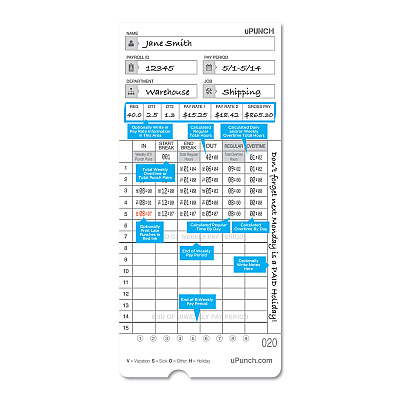 Time Clock Cards for uPunch HN2000/HN4000/HN4600, Two Sides, 7.5 x 3.5, 100/Pack (PPZHNTCL2100)