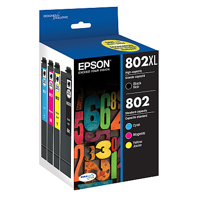 Epson T802XL-BCS (802/802XL) DURABrite Ultra High-Yield Ink, 2,600 Page-Yield, Black/Cyan/Magenta/Yellow
