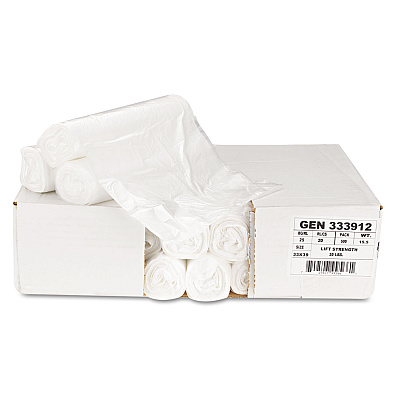 General Supply High-Density Can Liners, 33 gal, 9 mic, 33" x 39", Natural, Perforated Roll, 25 Bags/Roll, 20 Rolls/Carton (GEN333912)