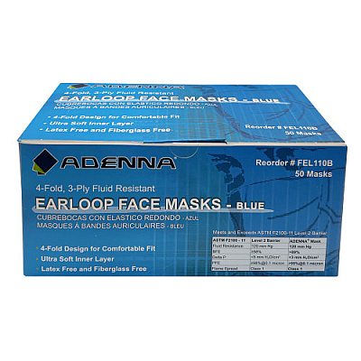 Blue Earloop Face Mask Adenna 3-ply 4-fold 50 Bx 10 Bxs C, Case Of 500 (FEL110B)