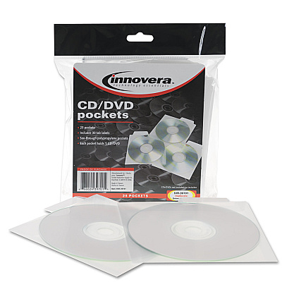 Innovera CD/DVD Pockets, 1 Disc Capacity, Clear, 25/Pack (IVR39701)