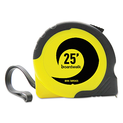 Boardwalk Easy Grip Tape Measure, 25 ft, Plastic Case, Black and Yellow, 1/16" Graduations (BWKTAPEM25)
