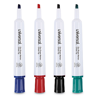 Universal Dry Erase Marker, Broad Chisel Tip, Assorted Colors, 4/Set (UNV43650)