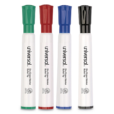 Universal Dry Erase Marker, Medium Bullet Tip, Assorted Colors, 4/Set (UNV43680)