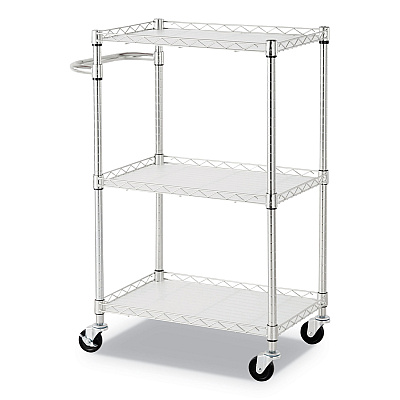 Alera Three-Shelf Wire Cart with Liners, Metal, 3 Shelves, 450 lb Capacity, 24" x 16" x 39", Silver (ALESW322416SR)