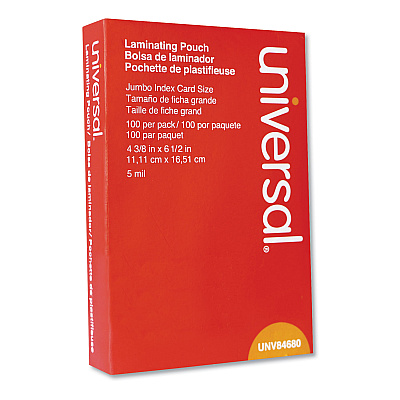 Universal Laminating Pouches, 5 mil, 6.5" x 4.38", Gloss Clear, 100/Box (UNV84680)