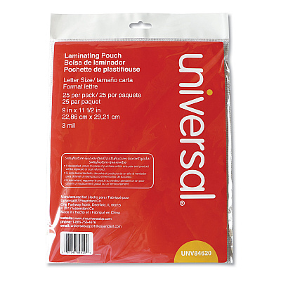 Universal Laminating Pouches, 3 mil, 9" x 11.5", Gloss Clear, 25/Pack (UNV84620)