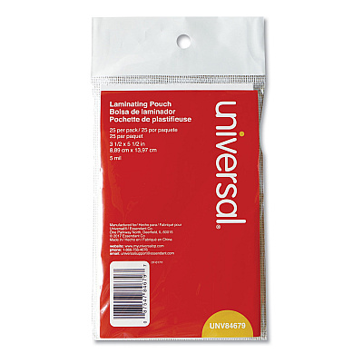 Universal Laminating Pouches, 5 mil, 5.5" x 3.5", Gloss Clear, 25/Pack (UNV84679)