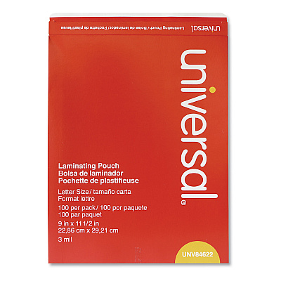 Universal Laminating Pouches, 3 mil, 9" x 11.5", Gloss Clear, 100/Box (UNV84622)