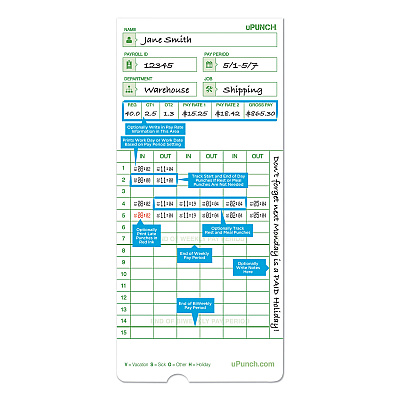 Time Clock Cards for uPunch HN1000/HN3000/HN3600, Two Sides, 7.5 x 3.5, 100/Pack (PPZHNTCG1100)