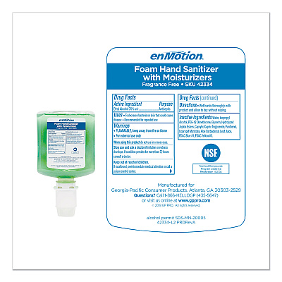 Georgia Pacific Professional GP enMotion Gen2 Moisturizing Foam Hand Sanitizer Dispenser Refill, 1,000 mL, Fragrance-Free, 2/Carton (GPC42334)